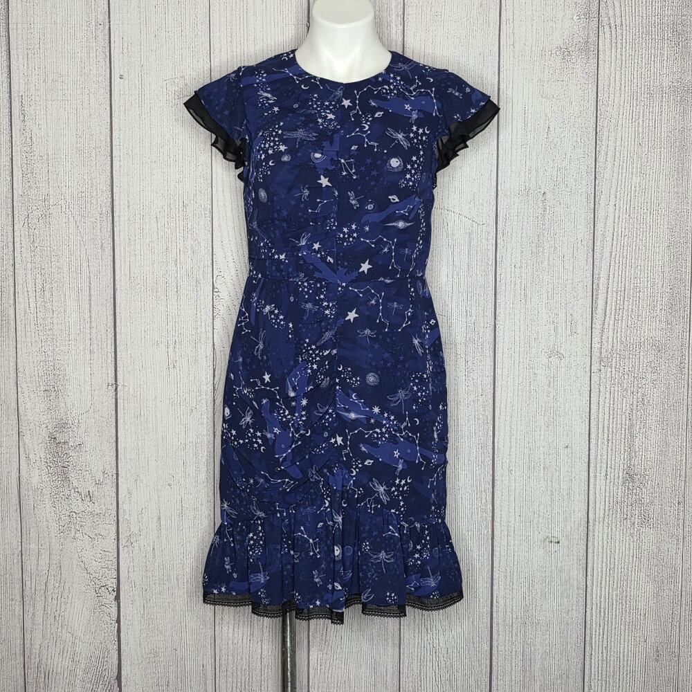 Three Floor Dress, Size 10 - Celestial Constellation Open Back Ruffle Whimsigoth